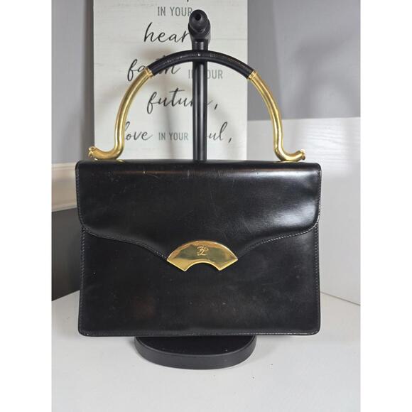 KARL LAGERFELD VINTAGE ICONIC BLACK EVENING BAG LEATHER HANDLE GOLD STRAP KL FAN,All Products : American Fashion Style Bags On Sale